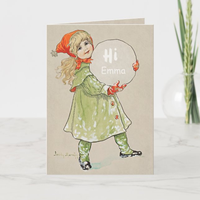 Carte Jenny Nyström Girl avec snowball CC0090 Anniversai (Devant)