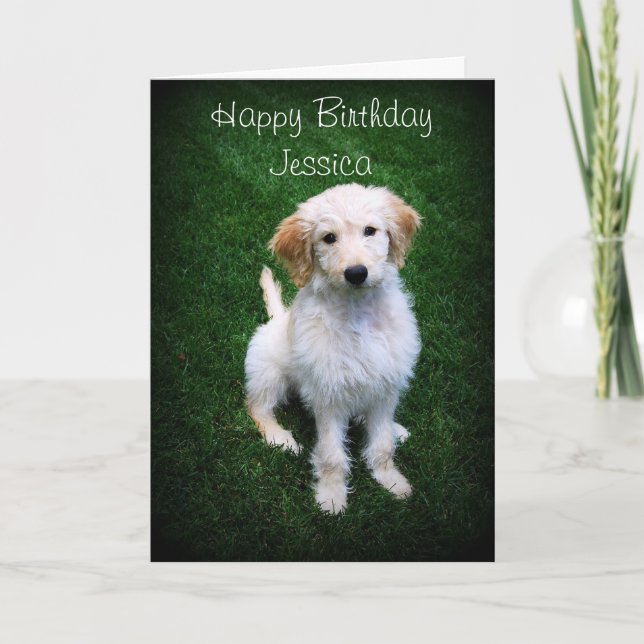 Carte Jessica Joyeux Anniversaire Chiot de Doodle d'Or (Devant)