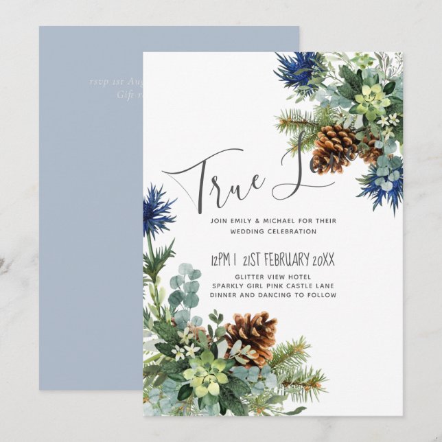Carte Jeu bleu d'hiver Eucalyptus Mariage Wonderland (Devant / Derrière)
