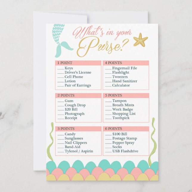 Carte Jeu de baby shower Whats dans votre sac Mermaid Co (Devant)