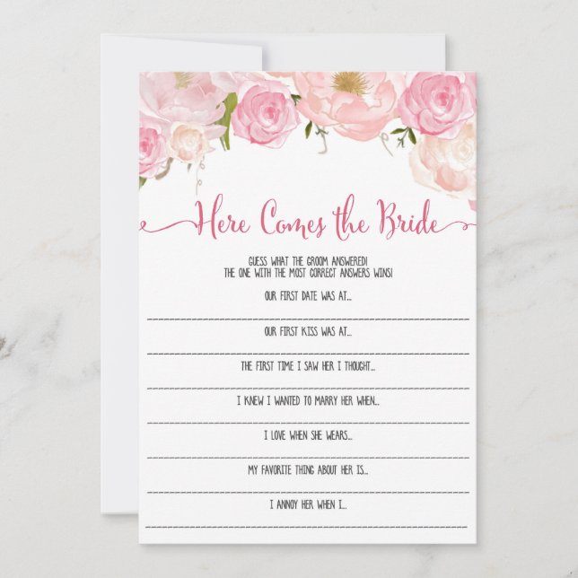 Carte Jeu de mariage floral Voici la mariée pour une bab (Devant)