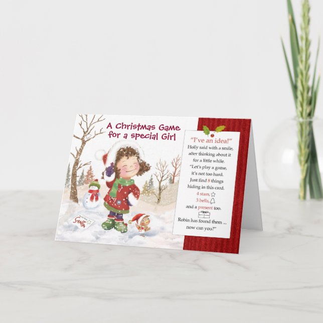 Carte Jeu de Noël pour Fille. Trouver 8 choses cachées (Devant)