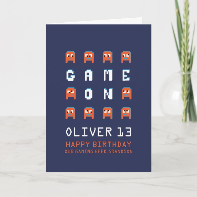 Carte Jeu sur pixel monster alien petit-fils 13e anniver (Devant)