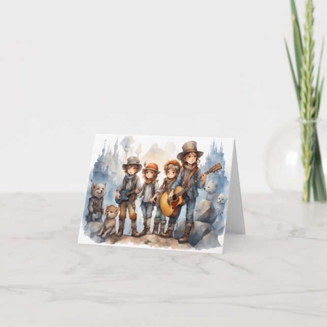 Carte Jeune Bande Jouer Guitares Aquarelle Peinture Blan (Devant)