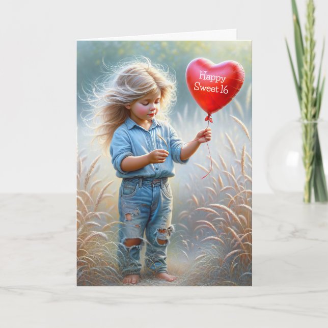 Carte Jeune fille avec un ballon de coeur pour 16e anniv (Devant)