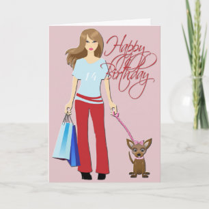 Carte Jeune fille et chiot Joyeux anniversaire
