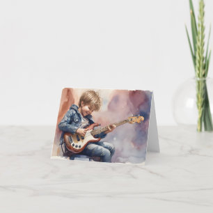 Carte Jeune garçon jouant de la guitare basse Aquarelle 