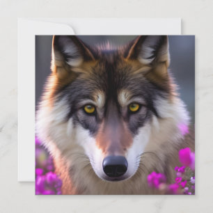 Carte Jeune loup en fleurs rose fuchsia