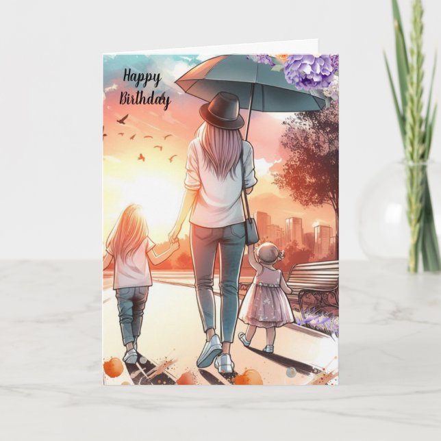 Carte Jeune maman avec filles Anniversaire (Devant)
