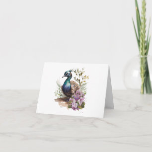 Carte Jeune Paon (Peachick, Peacock) Fleurs Salutation