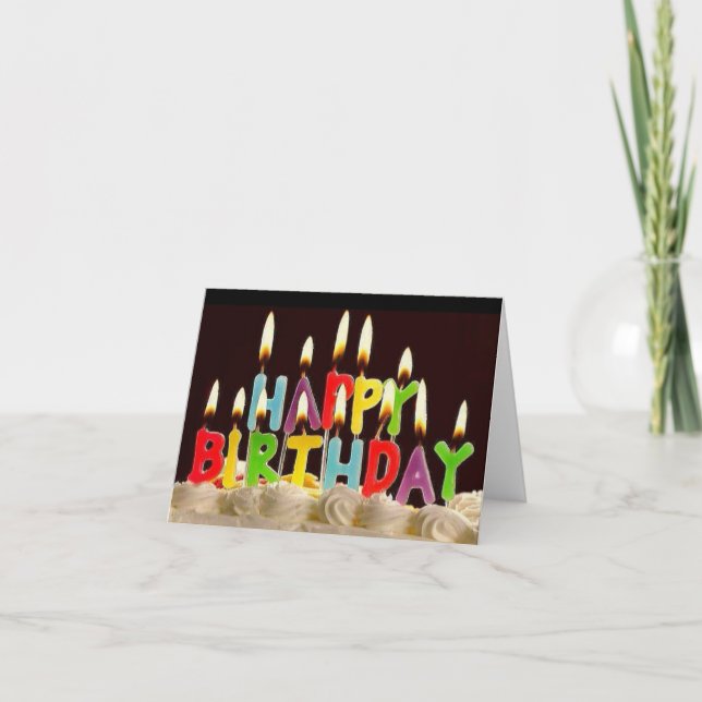 Carte JEUX ANNIVERSAIRE ! Bougies allumées sur gâteau. (Devant)