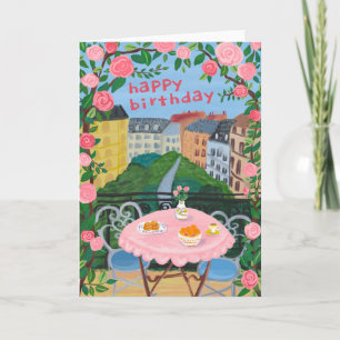 Carte JEUX ANNIVERSAIRE Fleurs Terrasse Thé Heure Paris