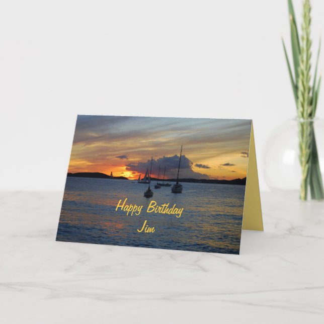 Carte Jim Happy Anniversaire Bateaux à voile au coucher  (Devant)