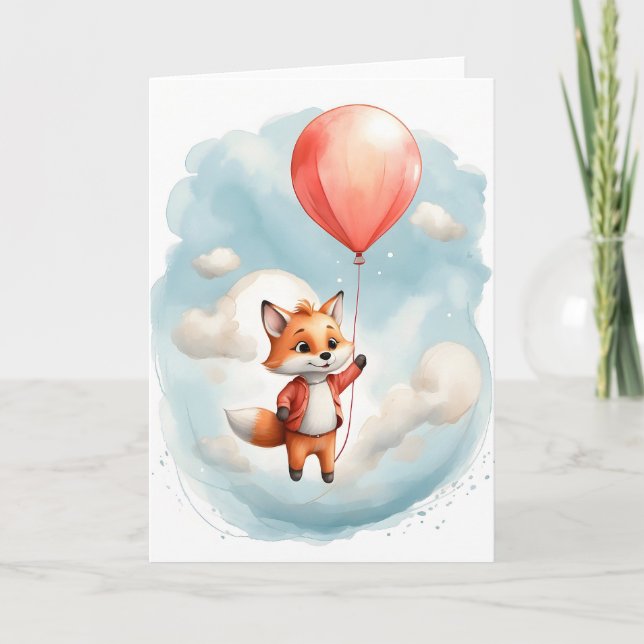 Carte Joli aquarelle Petit Renard Grand Ballon Rouge Vid (Devant)