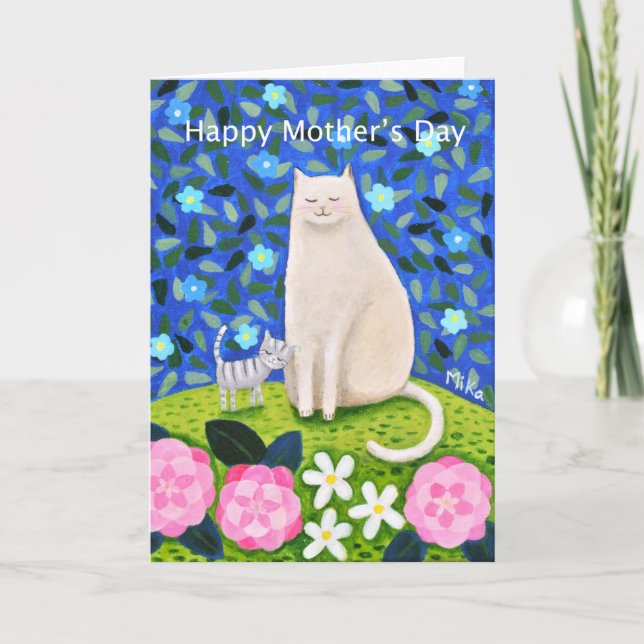 Carte Joli blanc Chat Floral Fête des Mères Salutation (Devant)