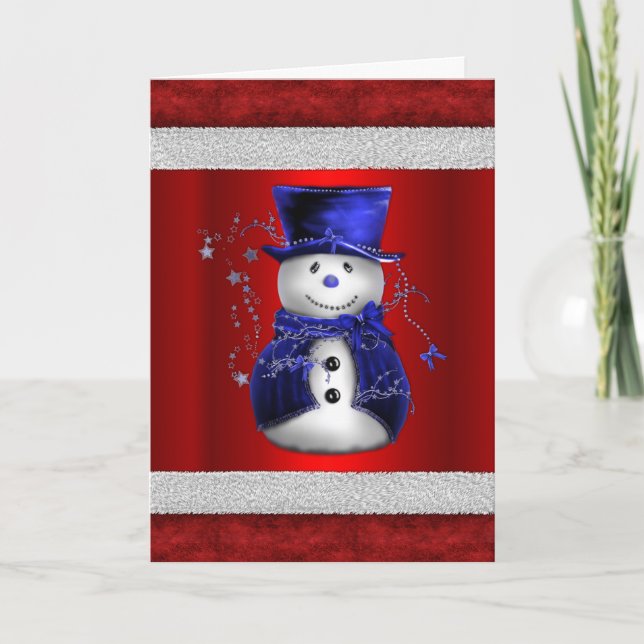 Carte Joli bonhomme de neige bleu sur fond de Noël rouge (Devant)