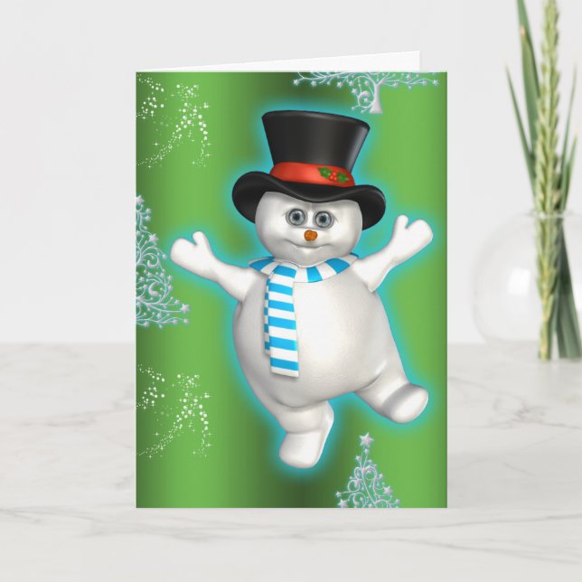 Carte Joli Bonhomme de Neige Dansant Noël Vert (Devant)