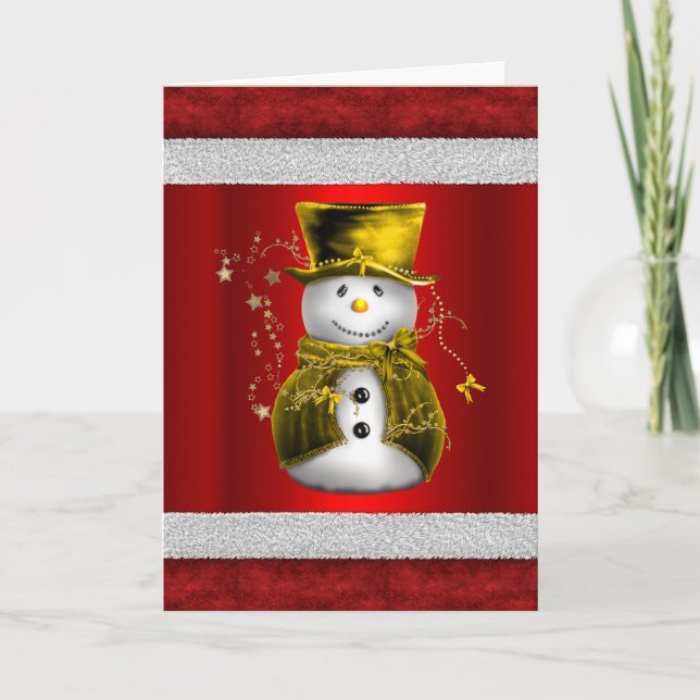 Carte Joli bonhomme de neige doré sur Noël rouge (Devant)