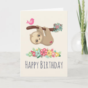 Carte Joli Brown Sloth penché à l'envers à l'anniversair