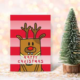 Carte Joli Cerf Drôle Rose Rouge Joyeux Noël