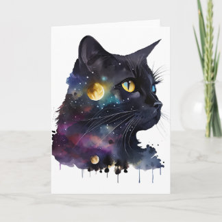 Carte Joli Chat Cosmique Noir Aquarelle Espace