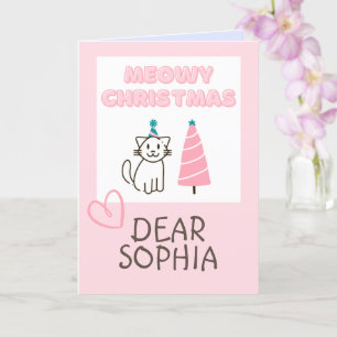 Carte Joli Chat dans un Chapeau & Arbre Joyeux Noël Past