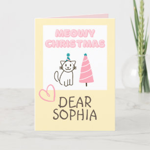 Carte Joli Chat dans un Chapeau & Arbre Joyeux Noël Past