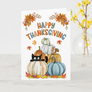 Carte Joli Chat et Citrouilles Rétro Bon Thanksgiving