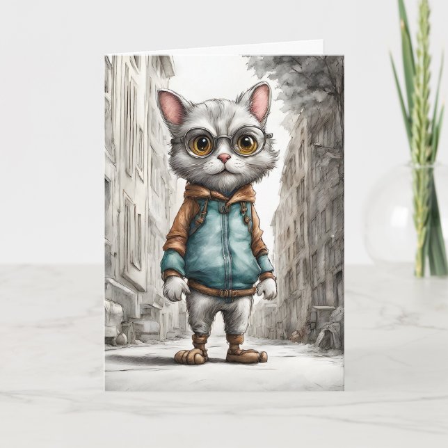 Carte Joli Chat Mignon en Promenade Fond Blanc (Devant)
