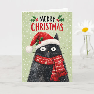 Carte Joli chat noir avec chapeau et écharpe de Père Noë