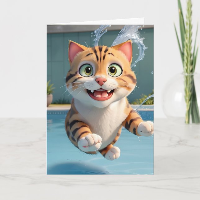 Carte Joli Chat Volant Nageant Plongeant Piscine Drôle V (Devant)