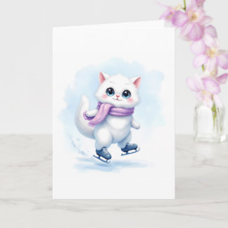 Carte Joli Chaton Blanc d'Hiver Patinant sur Glace Blank