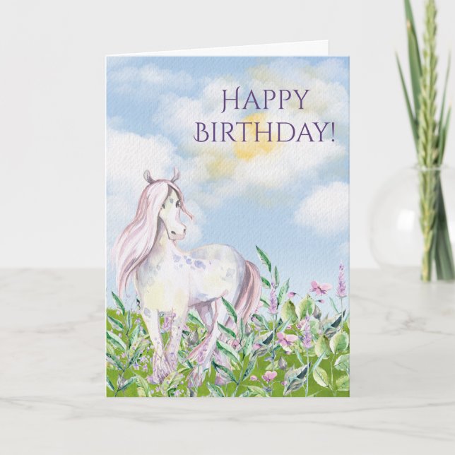 Carte Joli cheval dans le champ de fleurs Fille Annivers (Devant)