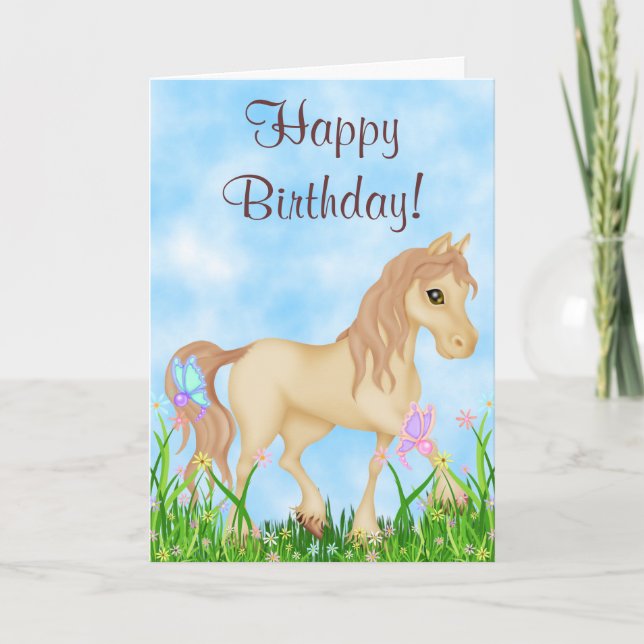 Carte Joli Cheval de Crème et Papillons Joyeux Anniversa (Devant)