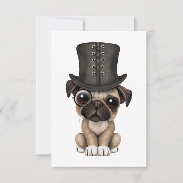 Carte Joli chiot Carlin avec Monocle et chapeau supérieu (Devant)