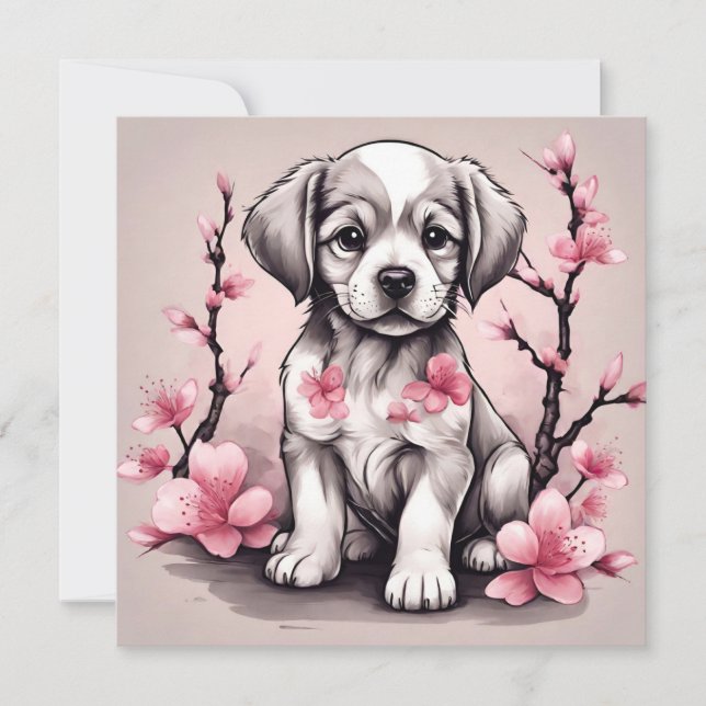 Carte Joli chiot et fleurs de cerisier rose  (Devant)