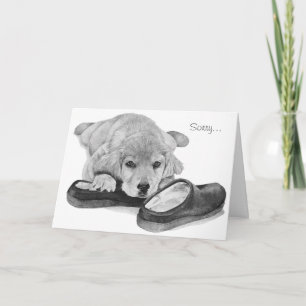 Carte joli chiot récupérateur or avec pantoufles désolé