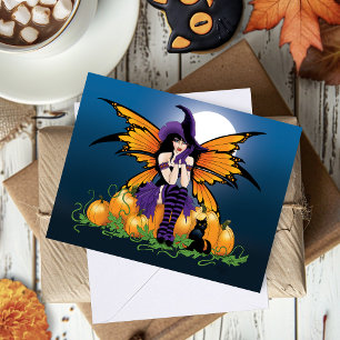 Carte Joli citrouille de fée d'Halloween avec chat noir