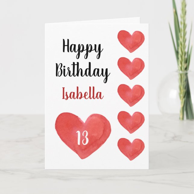 Carte Joli cœur aquarelle rouge 13e anniversaire (Devant)