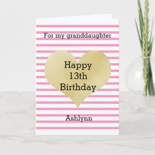 Carte Joli cœur rose et or 13e anniversaire