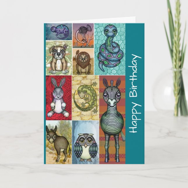 Carte Joli collage animal Folk Art Design Anniversaire (Devant)
