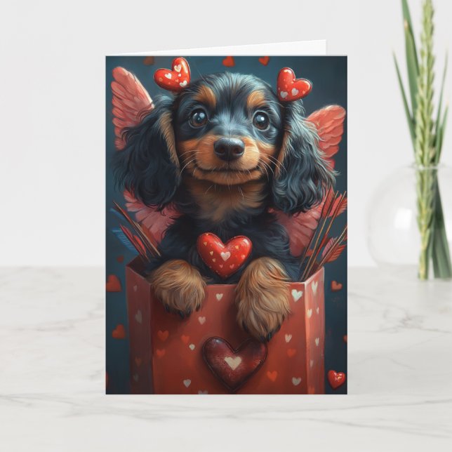 Carte Joli Dachshund en costume de Cupidon pour la Saint (Devant)