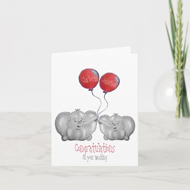 Carte joli éléphant nouvellement marié félicitations mar (Devant)