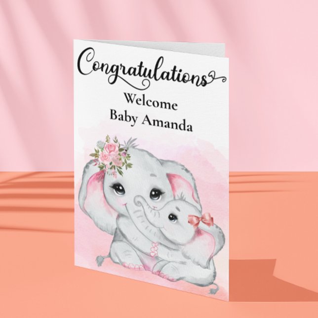 Carte Joli éléphant rose mère bébé félicitations  (Créateur téléchargé)