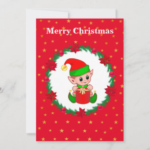 Carte Joli elfe de Noël, couronne de pin & étoiles