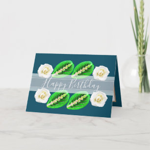 Carte Joli Floral Rose Fleurs Feuilles Bleu Anniversaire