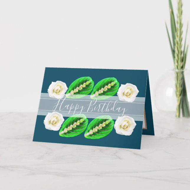 Carte Joli Floral Rose Fleurs Feuilles Bleu Anniversaire (Devant)