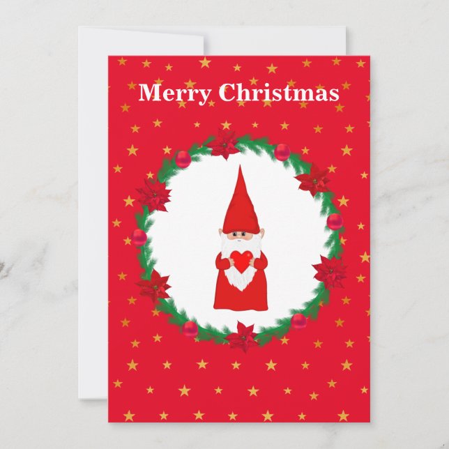 Carte Joli gnome de Noël, couronne de pin & étoiles (Devant)