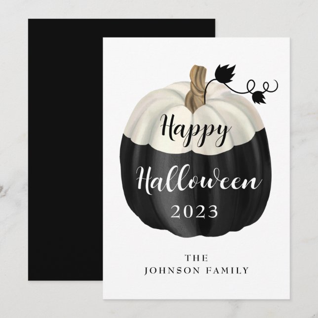 Carte Joli Halloween Noir Et Blanc Citrouille (Devant / Derrière)