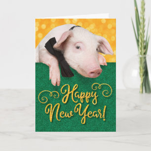 Carte Joli Joyeux Cochon de Nouvel An avec Cravate et Pa